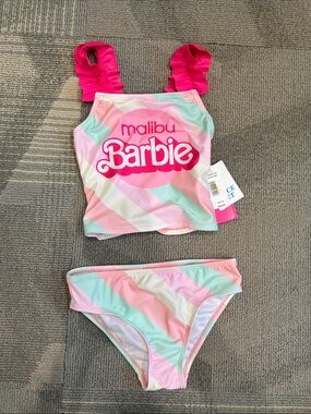 Girls Barbie Pastel Stripe Two-Piece Swimsuit Size 5/6
